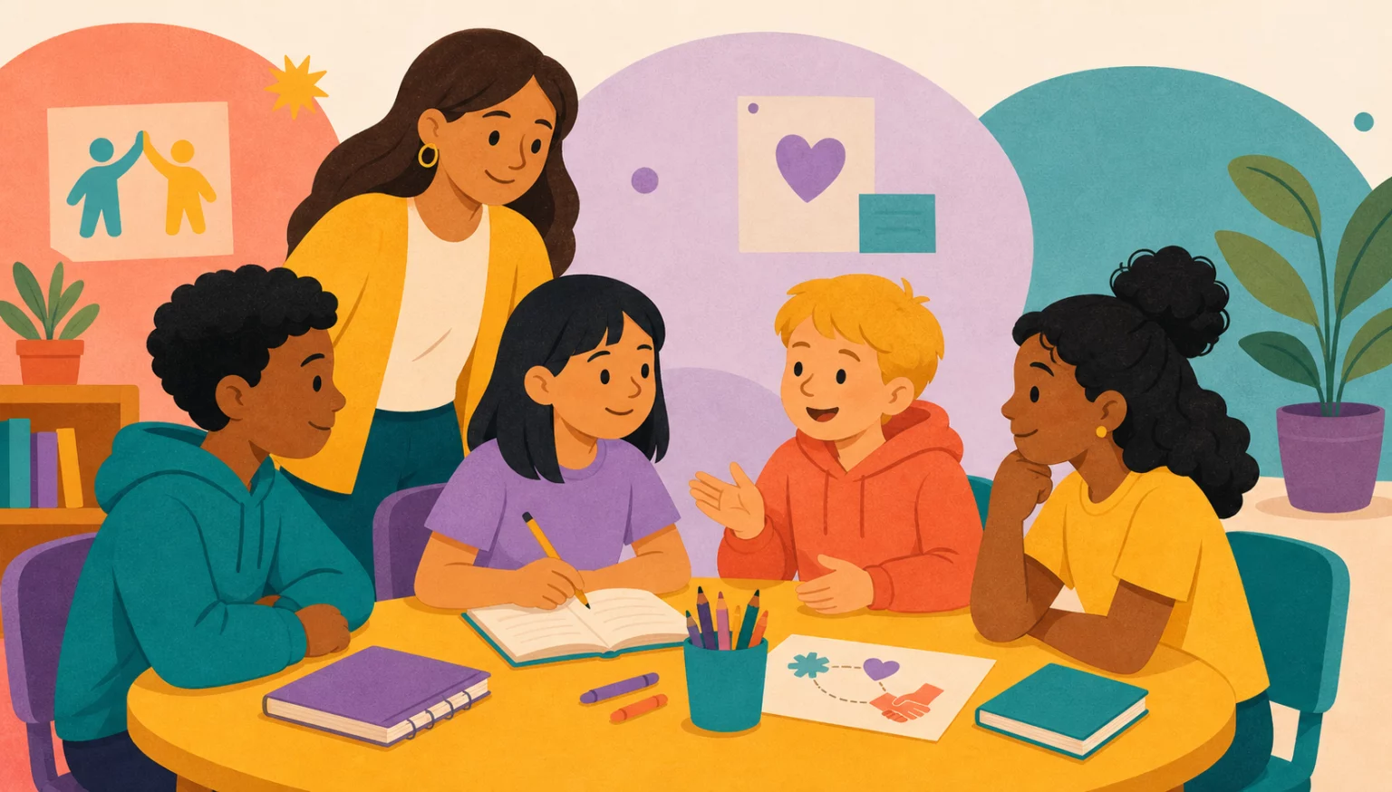 Students collaborating around a classroom table with support from an educator