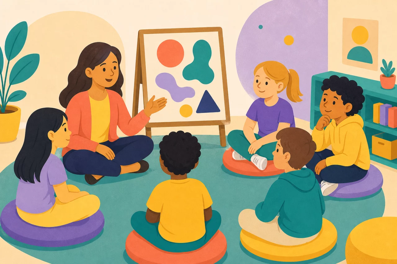 Educator leading a collaborative workshop with students seated in a circle